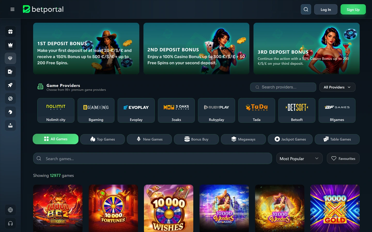 Betportals spellobby: leverantörsväljare, filterrad och räknaren 12 977 spel