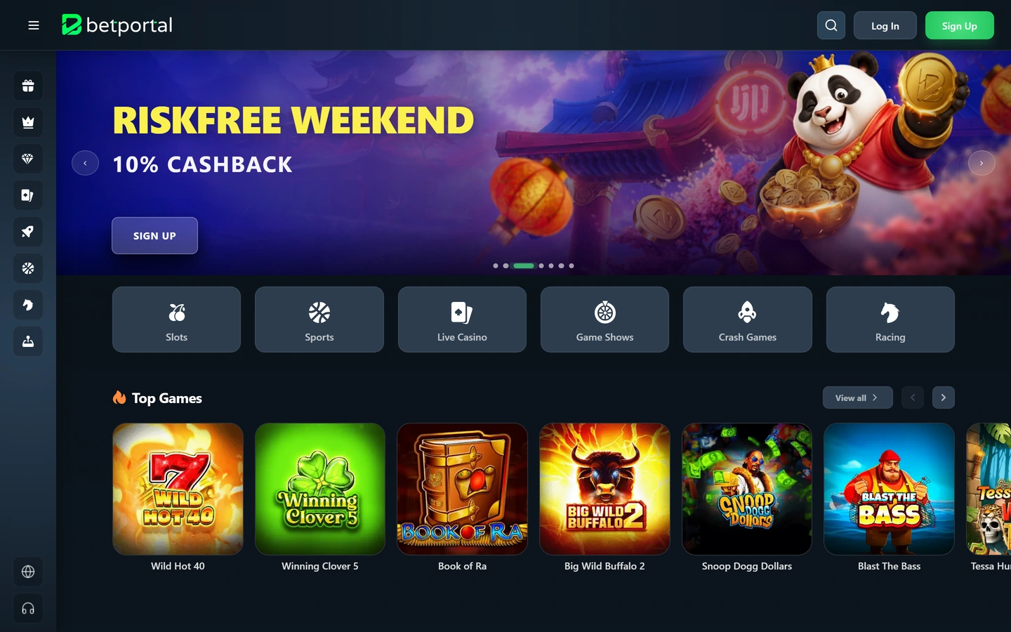 Betportals startsida: Riskfree Weekend-banner, kategorirutor och Top Games-rad