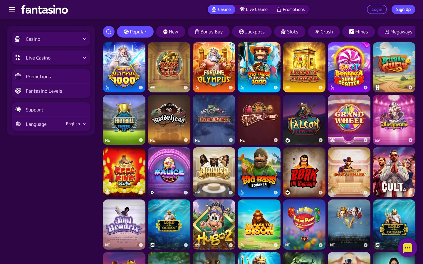 Fantasinos spellobby: Popular-fliken med rutnät av speltitlar och leverantörsmärken