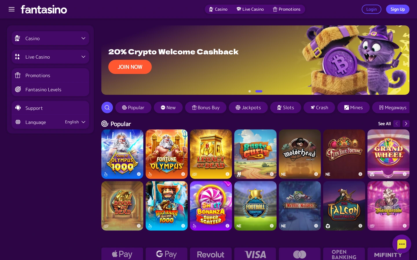 Fantasinos startsida: crypto cashback-banner, kategorichips och populärrad