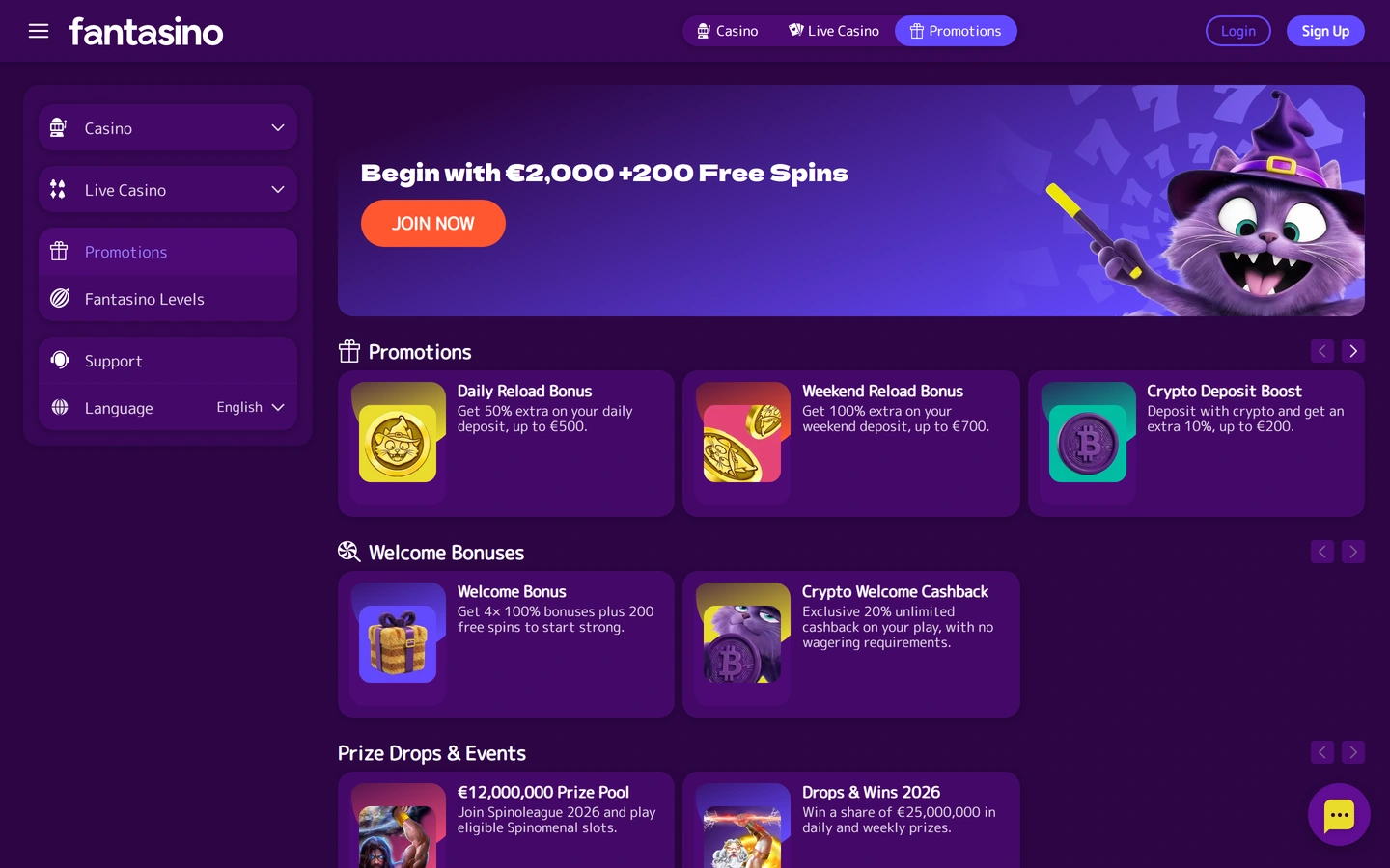 Fantasinos kampanjsida: reload-bonusar, välkomstpaket och prisutlottningar