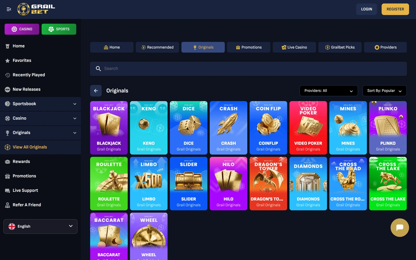Grailbets Originals-vy: husets egna spel i eget rutnät