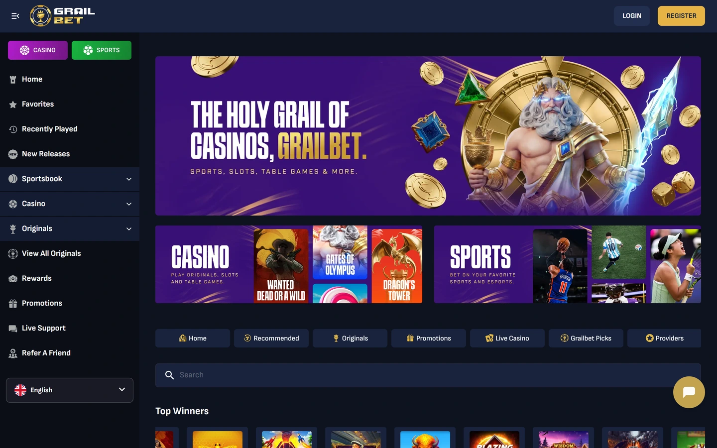 Grailbets startsida: Zeus-banner, casino- och sportkort samt Top Winners