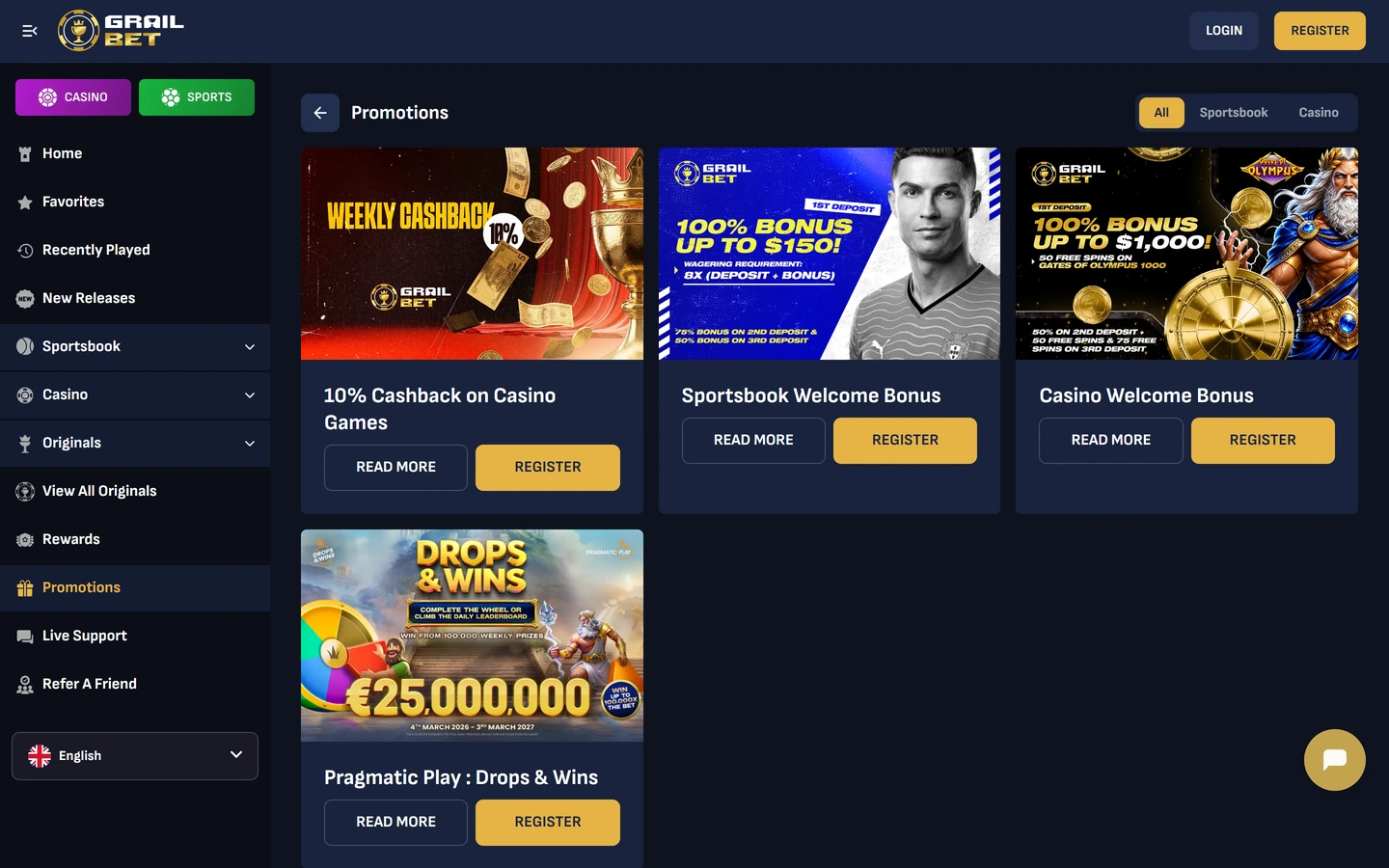 Grailbets kampanjsida: cashback, sportbonus och casinobonus med omsättningskrav utskrivet