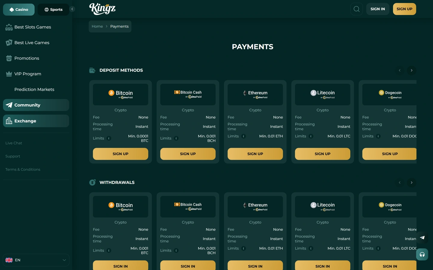Kingzwins publika Payments-sida: insättningar och uttag enbart i kryptovalutor