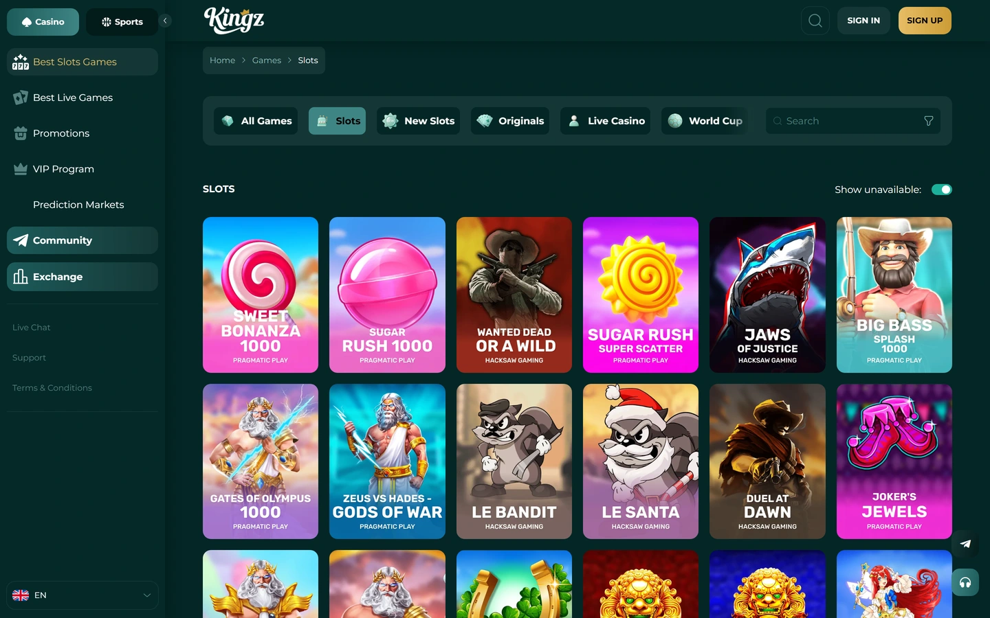 Kingzwins spellobby: Slots-fliken med rutnät och reglaget Show unavailable