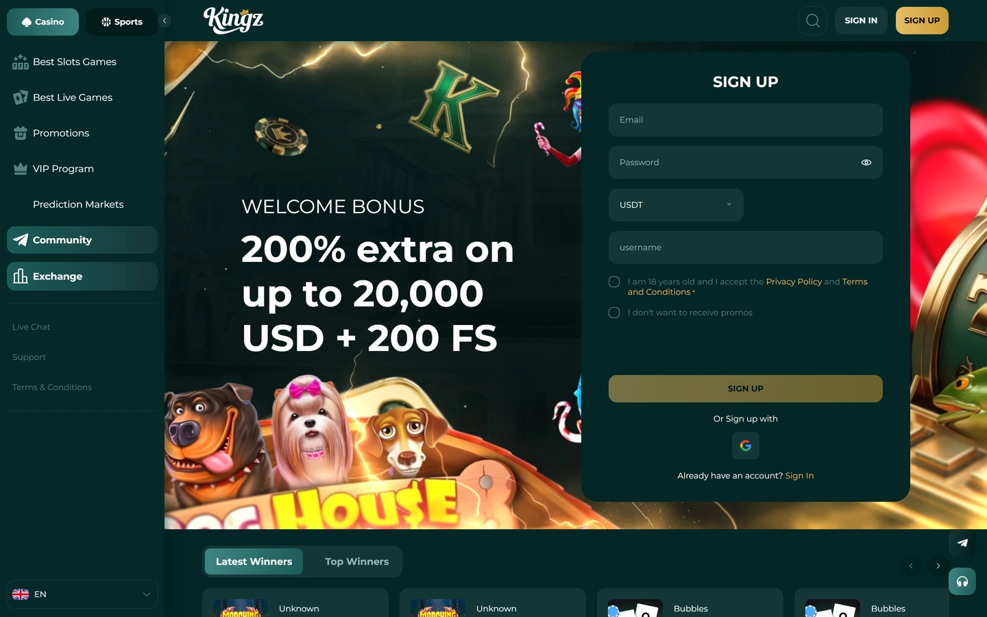 Kingzwins startsida: välkomstbanner 200 % och registreringsformulär i USDT