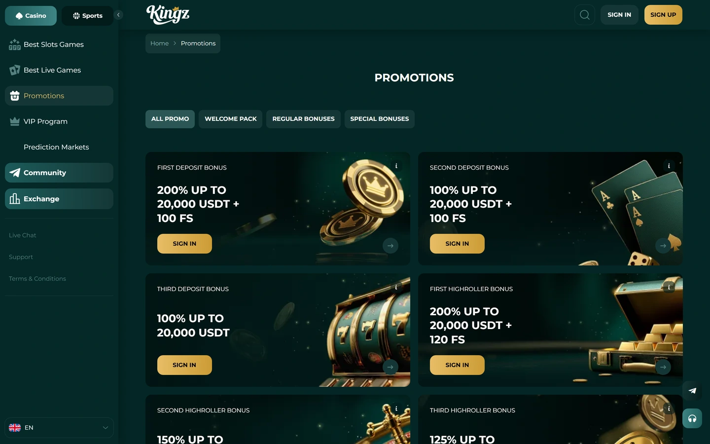 Kingzwins kampanjsida: tre insättningsbonusar och tre highroller-bonusar i USDT