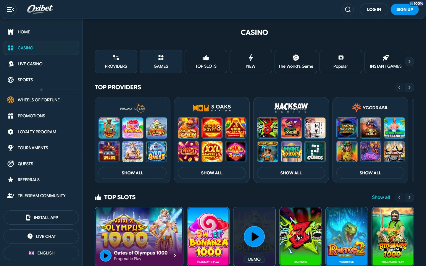 Oxibets casinovy: Top providers-block med Pragmatic, 3 Oaks, Hacksaw och Yggdrasil