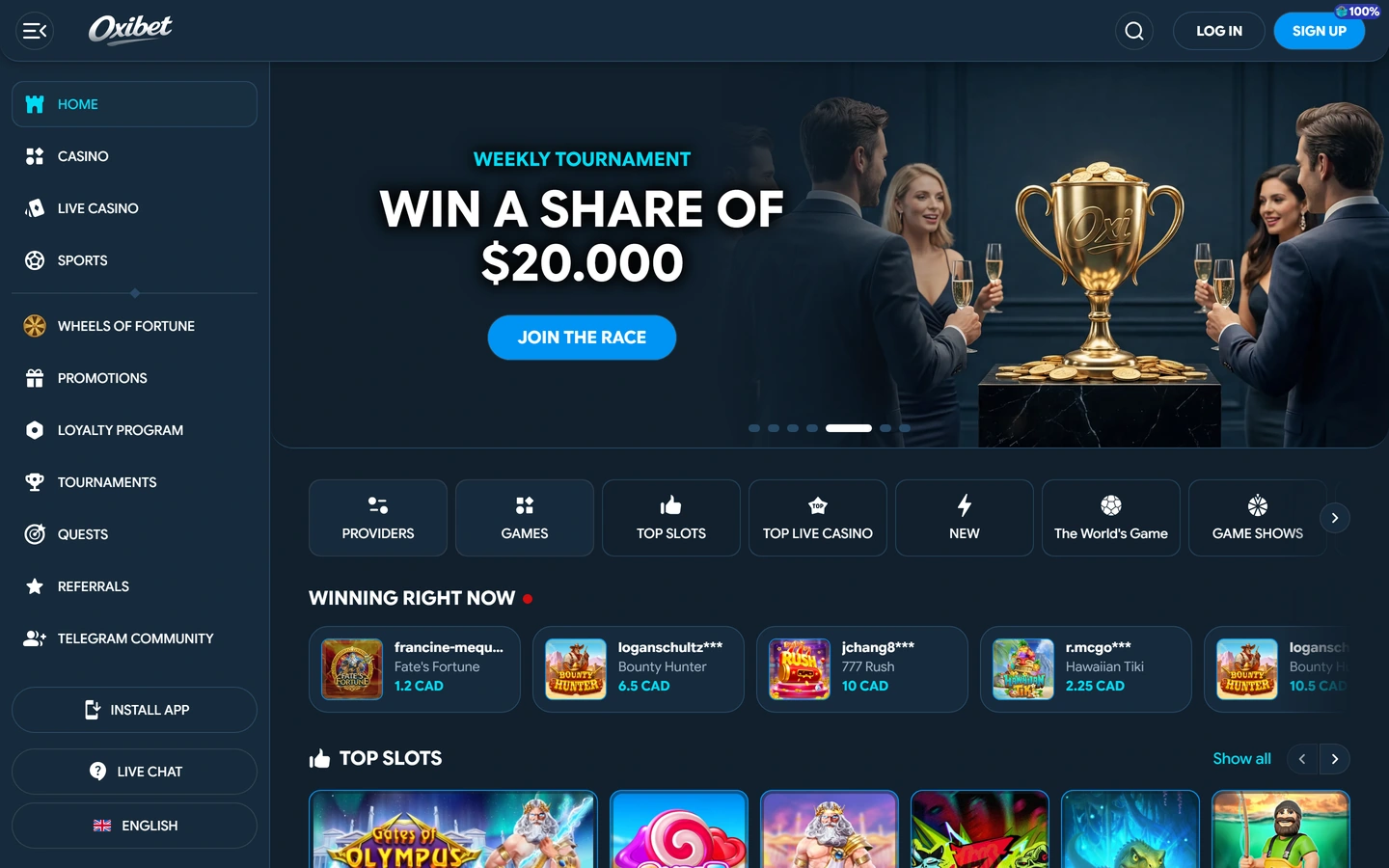 Oxibets startsida: turneringsbanner på 20 000 dollar och live-vinstflöde