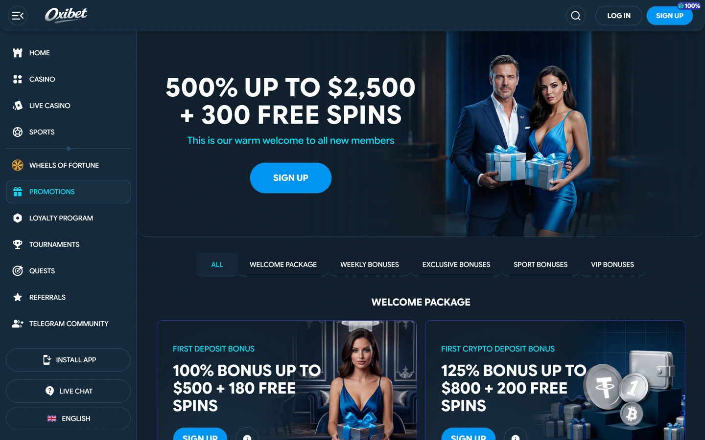 Oxibets kampanjsida: välkomstpaket 500 % och separat kryptobonus