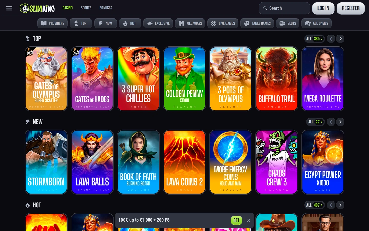 SlimKings spellobby: Top- och New-rader med spelräknare per kategori