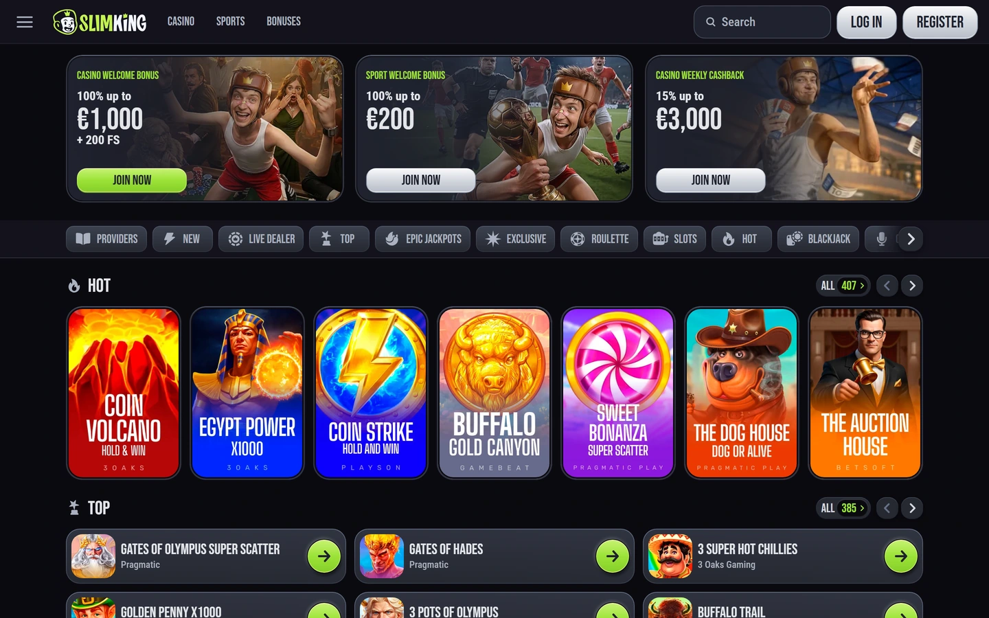 SlimKings startsida: tre bonuskort, kategorirad och Hot-rad med räknare