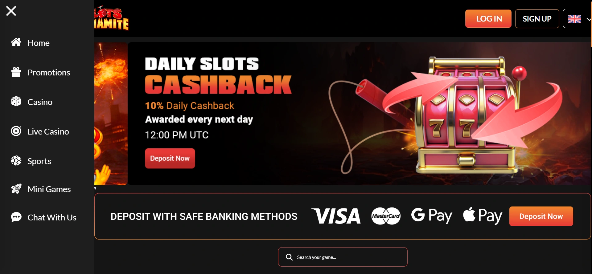 SlotsDynamites cashback-banner: 10 procent dagligen, utbetalning klockan 12.00 UTC