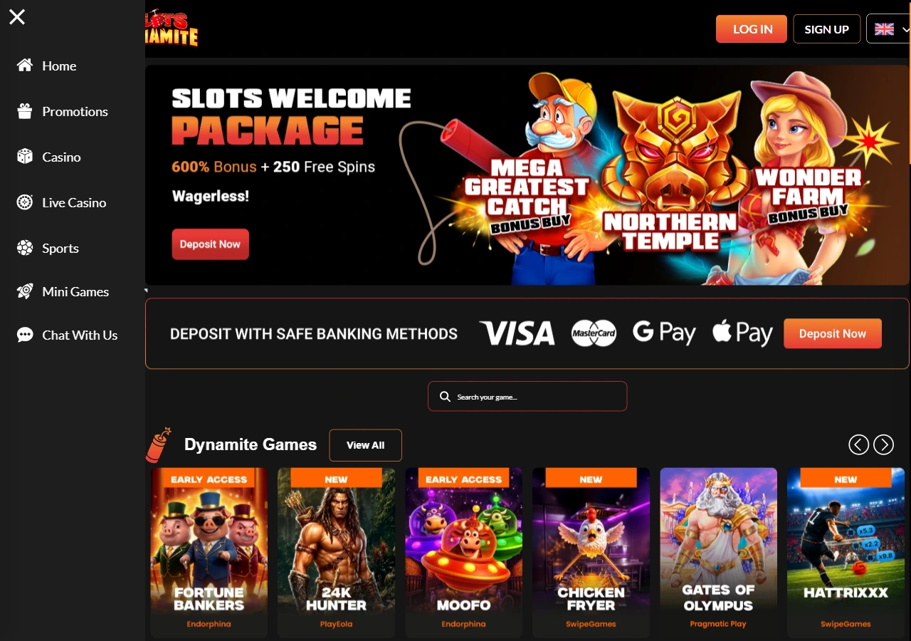 SlotsDynamites startsida: 600 %-banner, betalremsa och Dynamite Games-rad