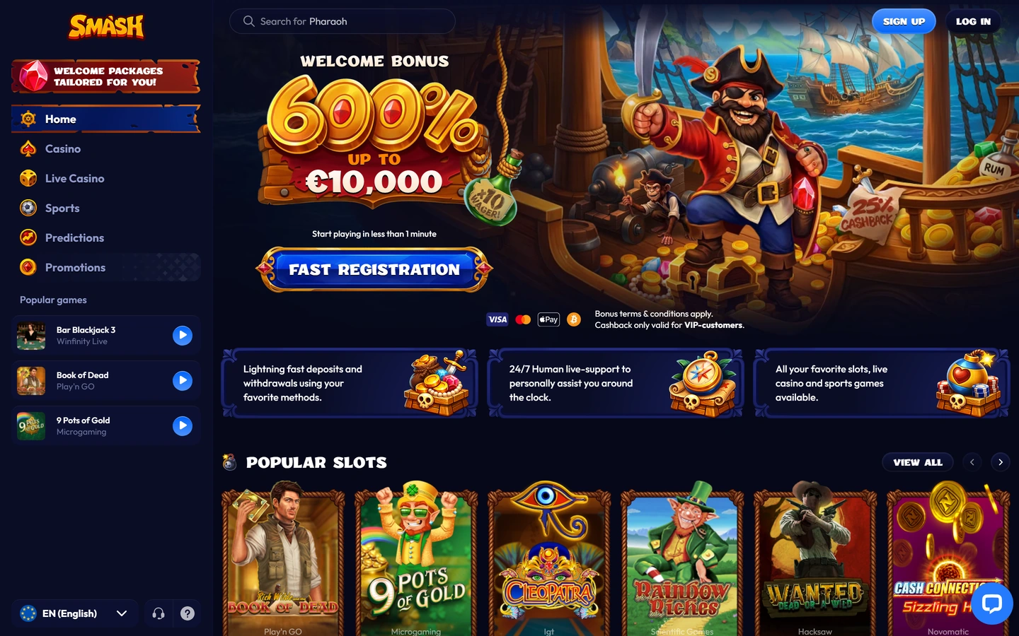Smashs startsida: 600 %-banner med piratmotiv och märkningen x10 wager