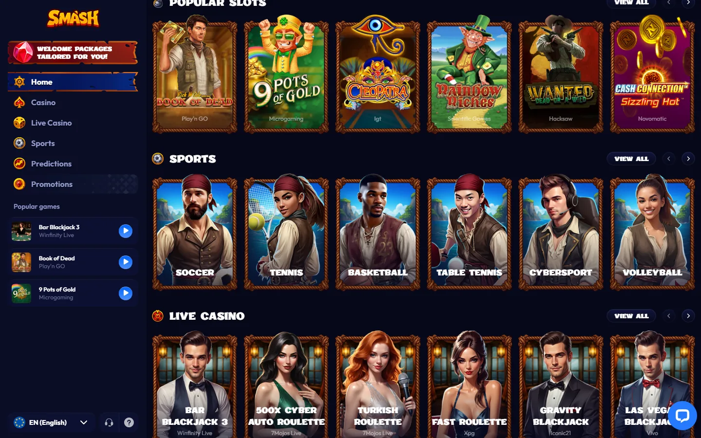 Smashs spelutbud på startsidan: populära slots och livebord med studio under varje ruta