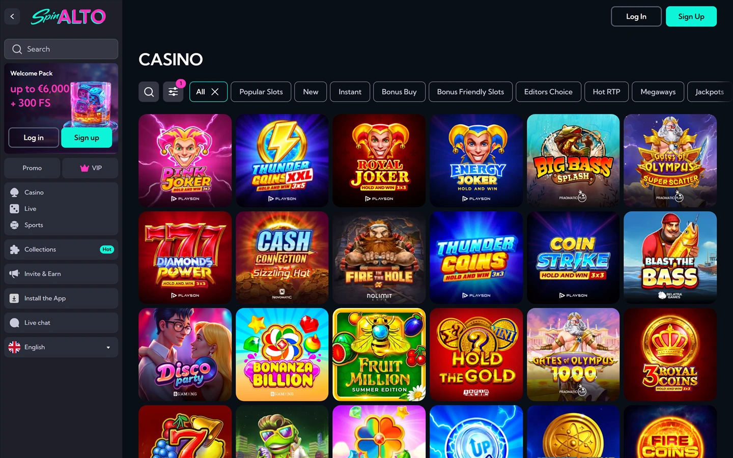 Spinaltos casinovy: filterrad och spelrutnät med leverantörsmärken