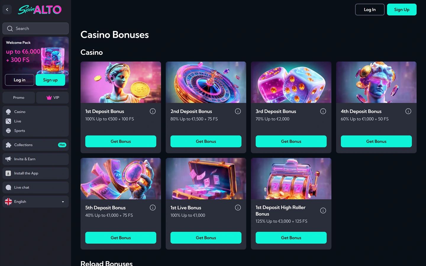 Spinaltos bonussida: fem insättningsbonusar, livebonus och high roller-bonus