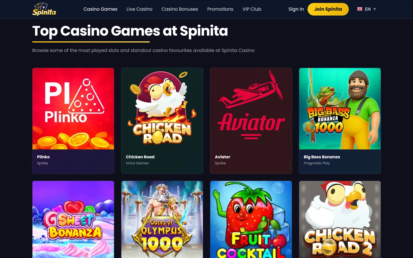 Spinitas spelvy: Top Casino Games med titlar och leverantörer