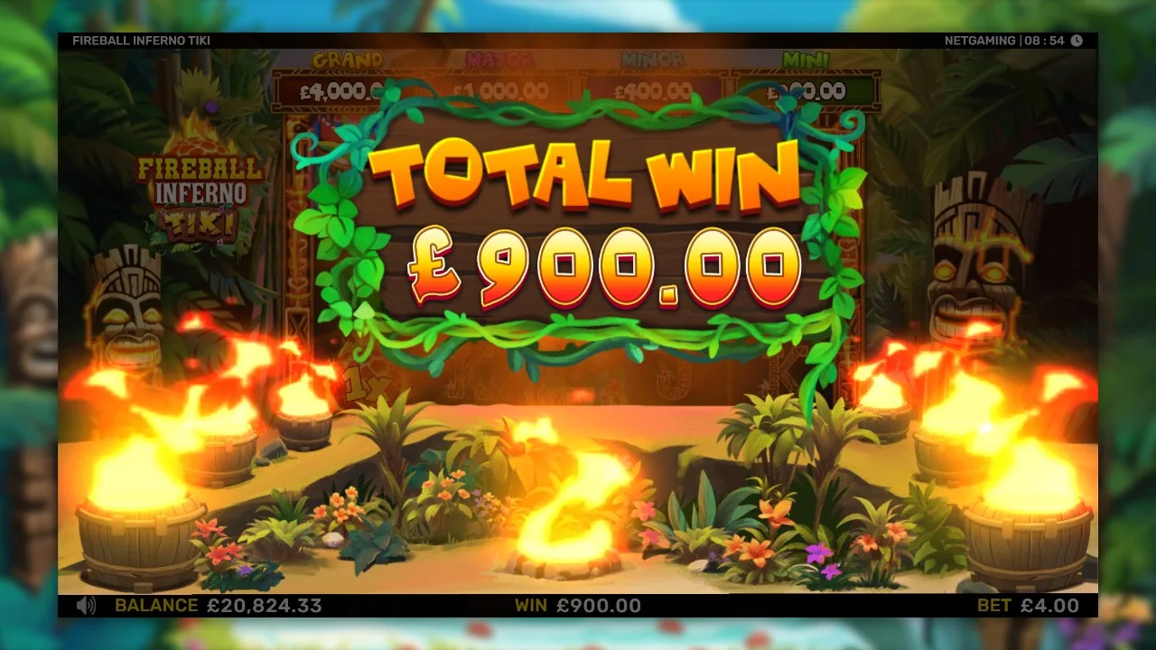 TOTAL WIN 900,00 i Fireball Inferno Tiki