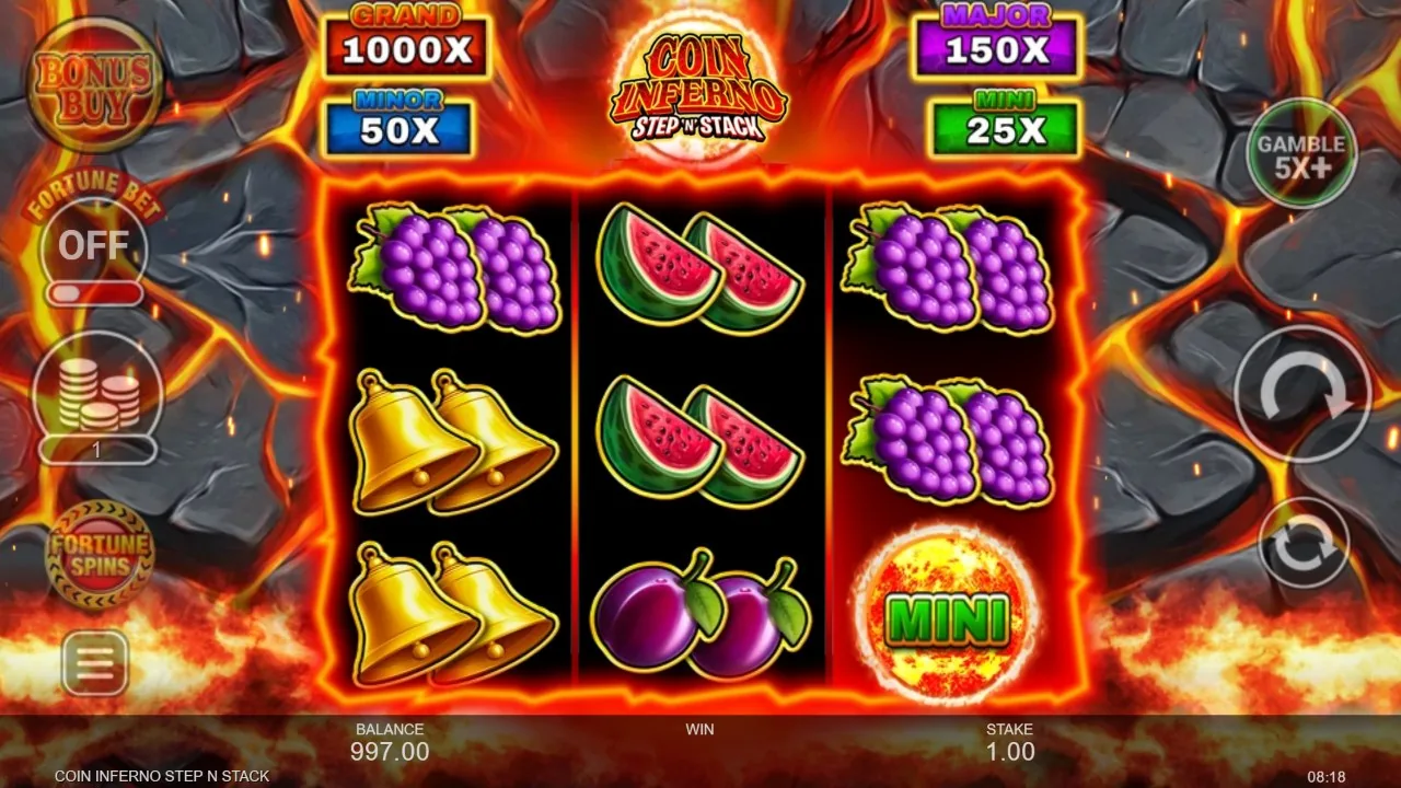 Coin Inferno Step 'N' Stack — grundspelets lava-frukthjul