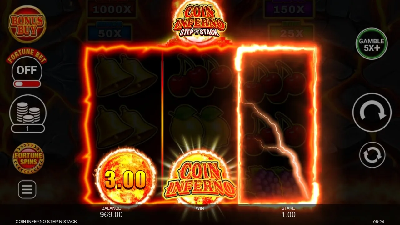Coin Inferno Step 'N' Stack — respin med tänt, låst hjul och insamlade mynt